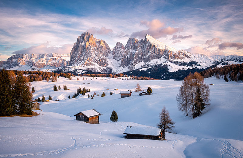 Alpe di Siusi Seiser Alm ski resort in South Tyrol, Italy - panoramic view of ski slopes and mountain facilities