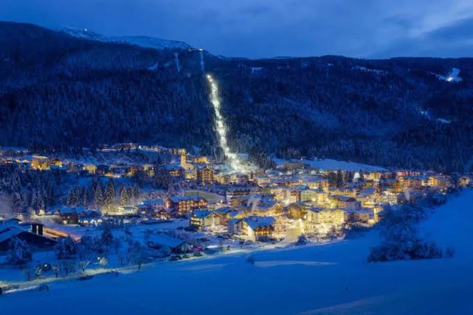 Andalo Paganella ski resort in Trentino, Italy - panoramic view of ski slopes and mountain facilities