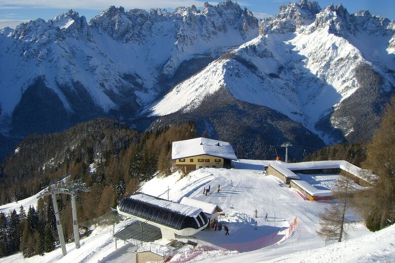 Auronzo di Cadore ski resort in Veneto, Italy - panoramic view of ski slopes and mountain facilities