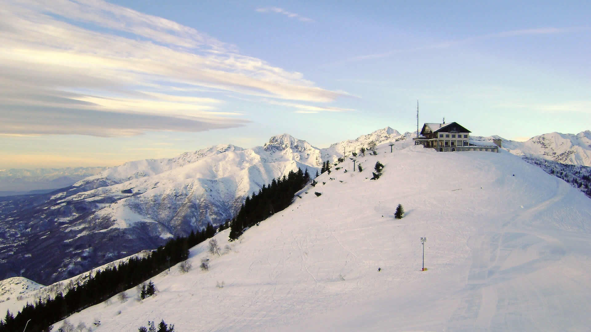 Bielmonte ski resort in Piedmont, Italy - panoramic view of ski slopes and mountain facilities