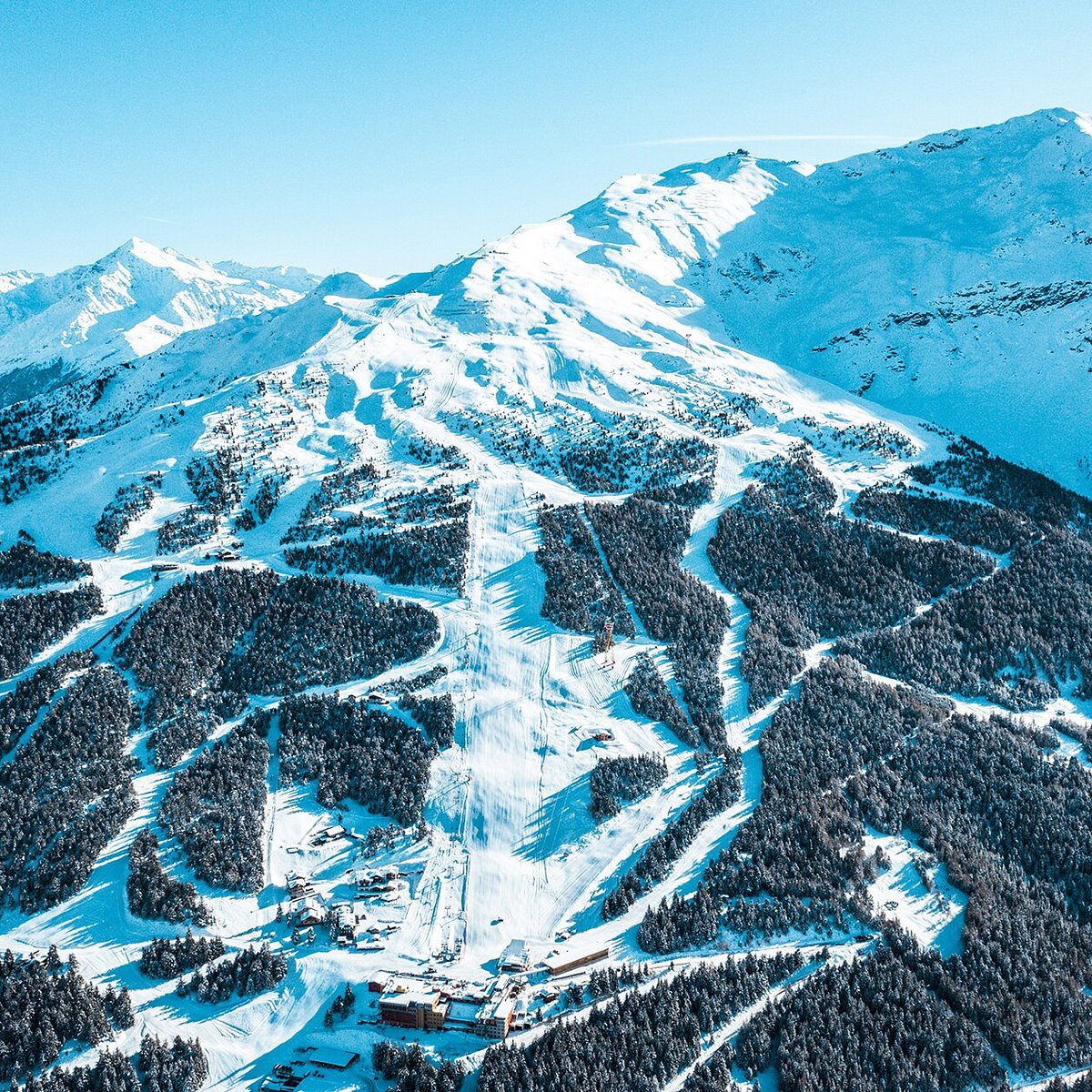 Bormio Ski Valdidentro Isolaccia ski resort in Lombardy, Italy - panoramic view of ski slopes and mountain facilities