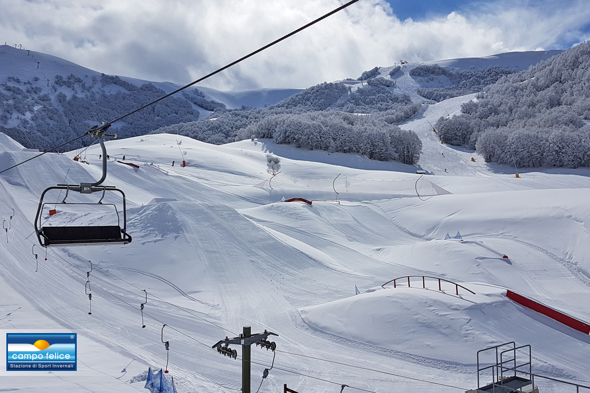 Campo Felice ski resort in Abruzzo, Italy - panoramic view of ski slopes and mountain facilities
