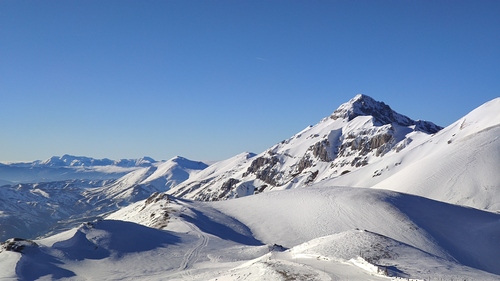 Campo Imperatore ski resort in Abruzzo, Italy - panoramic view of ski slopes and mountain facilities