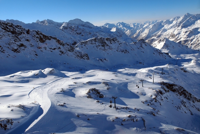Champoluc ski resort in Monterosa Ski, Aosta Valley, Italy - panoramic view of ski slopes and mountain facilities