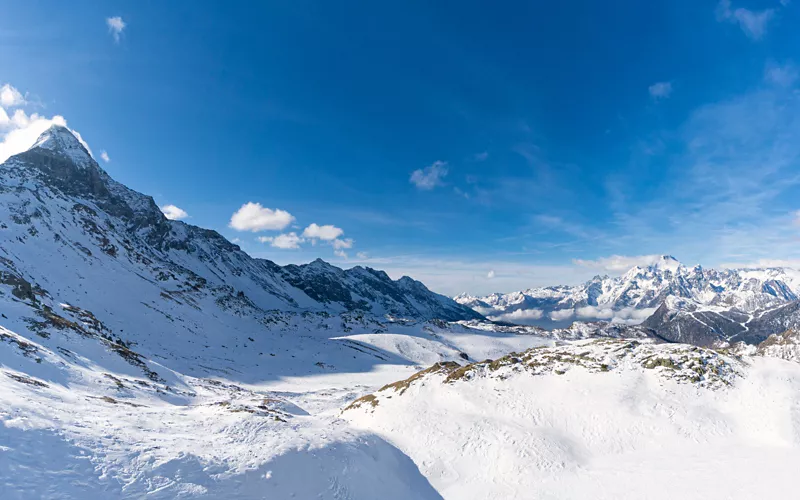 Chiesa in Valmalenco ski resort in Lombardy, Italy - panoramic view of ski slopes and mountain facilities