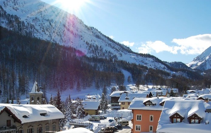 Claviere ski resort in Via Lattea, Piedmont, Italy - panoramic view of ski slopes and mountain facilities
