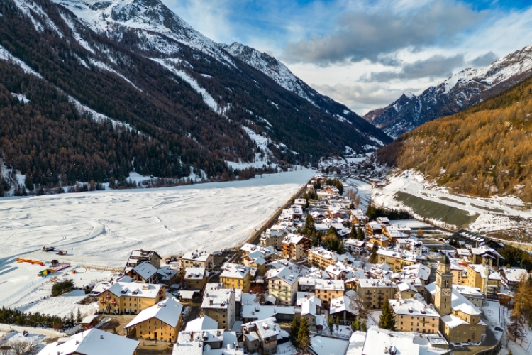 Cogne ski resort in Aosta Valley, Italy - panoramic view of ski slopes and mountain facilities