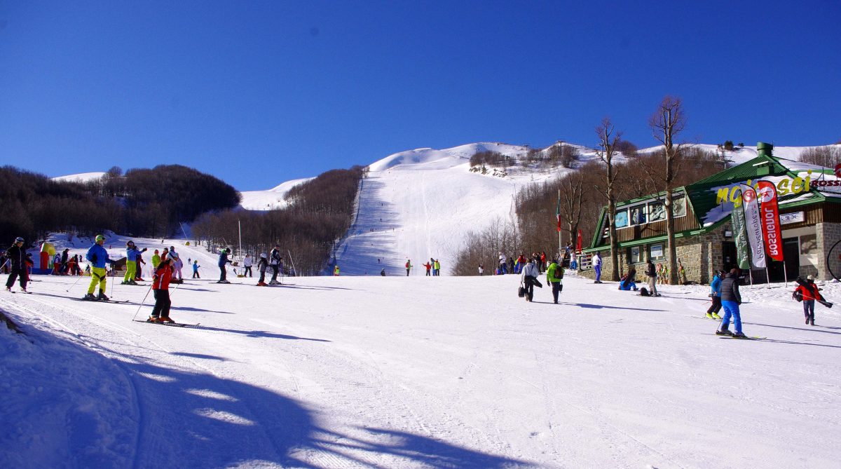 Corno alle Scale ski resort in Emilia-Romagna, Italy - panoramic view of ski slopes and mountain facilities