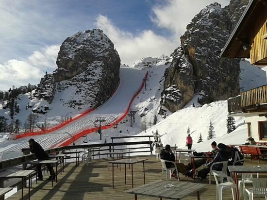 Cortina Faloria Cristallo ski resort in Veneto, Italy - panoramic view of ski slopes and mountain facilities