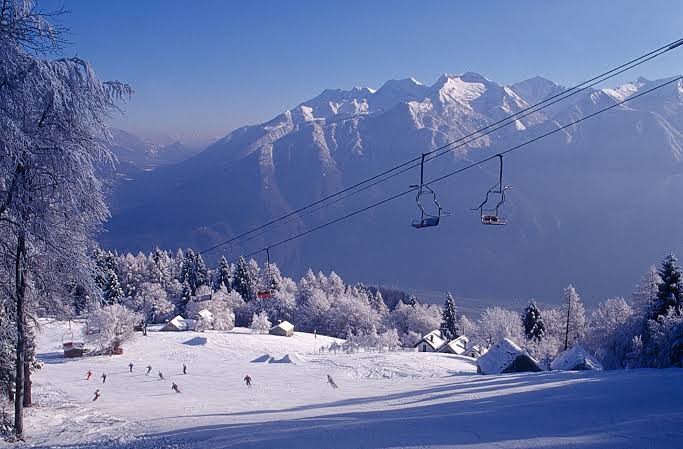 Domobianca 365 ski resort in Piedmont, Italy - panoramic view of ski slopes and mountain facilities