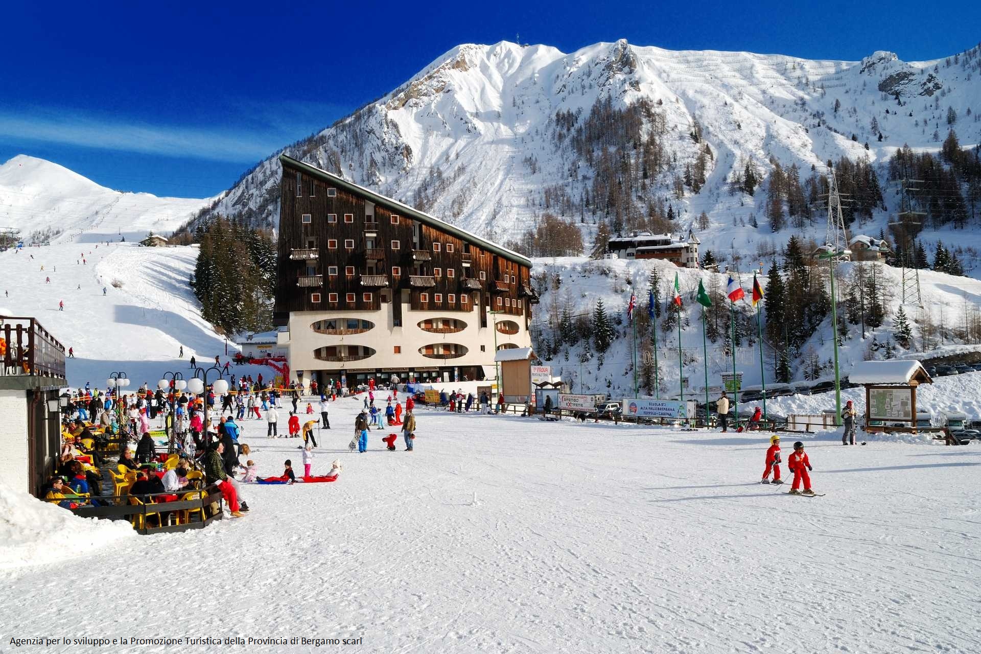 Foppolo ski resort in Lombardy, Italy - panoramic view of ski slopes and mountain facilities