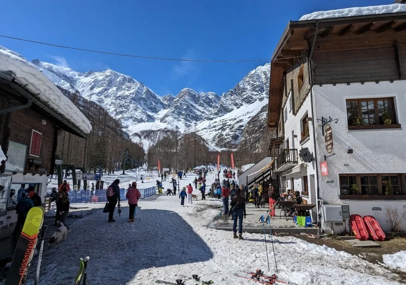 Macugnaga ski resort in Piedmont, Italy - panoramic view of ski slopes and mountain facilities