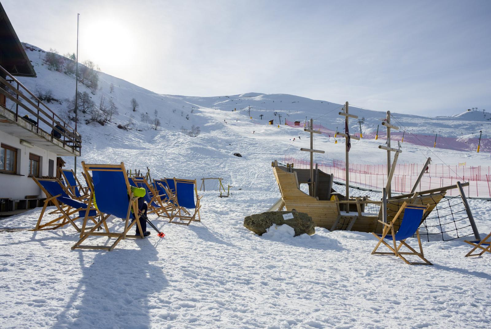 Mera-Scopello ski resort in Piedmont, Italy - panoramic view of ski slopes and mountain facilities