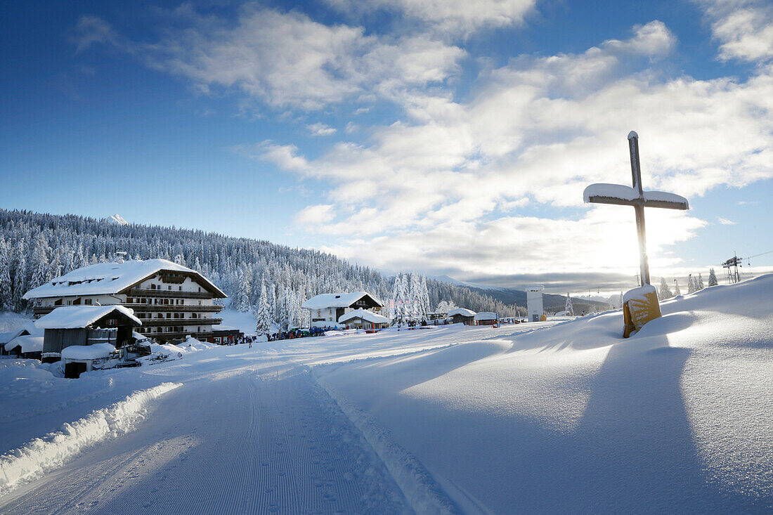 Passo Monte Croce Comelico ski resort in Veneto, Italy - panoramic view of ski slopes and mountain facilities