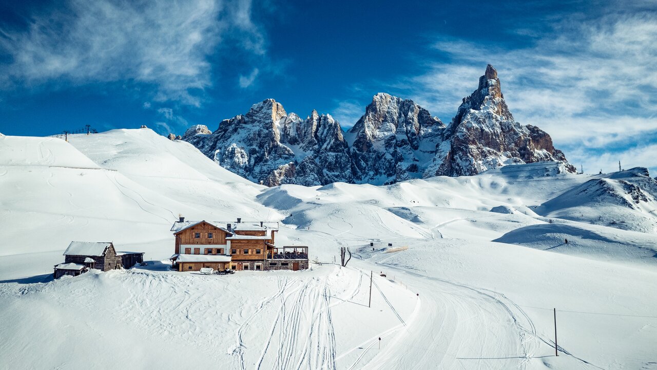 Passo Rolle ski resort in Trentino, Italy - panoramic view of ski slopes and mountain facilities