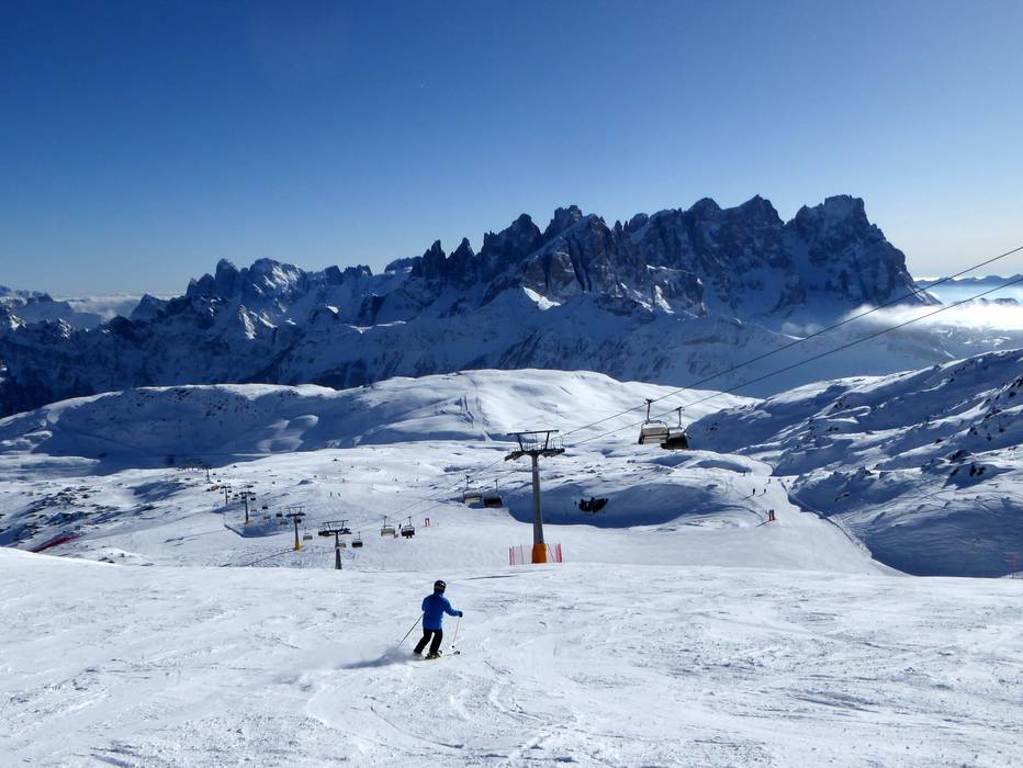 Passo San Pellegrino ski resort in Trentino, Italy - panoramic view of ski slopes and mountain facilities
