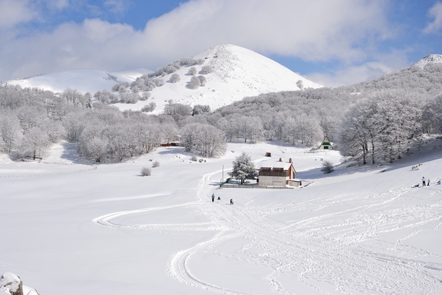Piano Battaglia ski resort in Sicily, Italy - panoramic view of ski slopes and mountain facilities