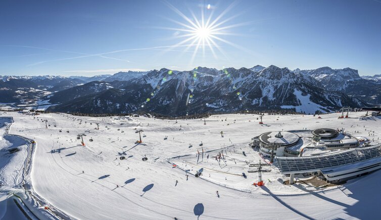 Plan de Corones Valdaora ski resort in South Tyrol, Italy - panoramic view of ski slopes and mountain facilities