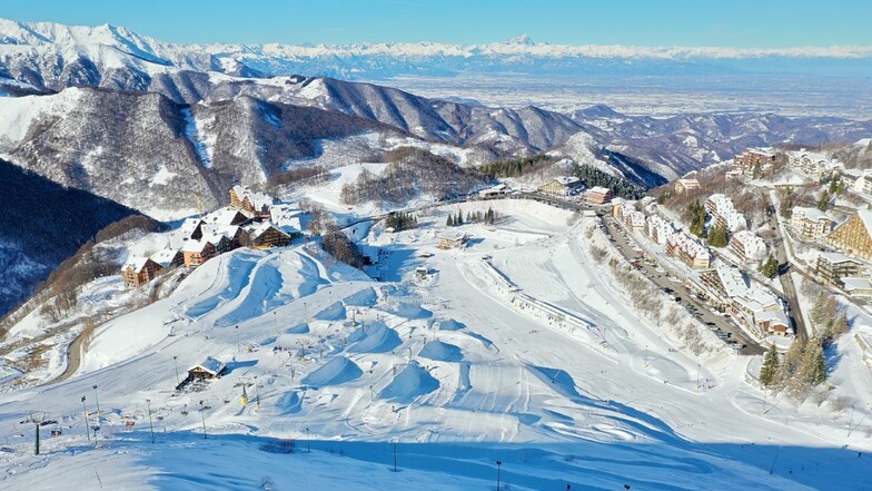 Prato Nevoso ski resort in Piedmont, Italy - panoramic view of ski slopes and mountain facilities