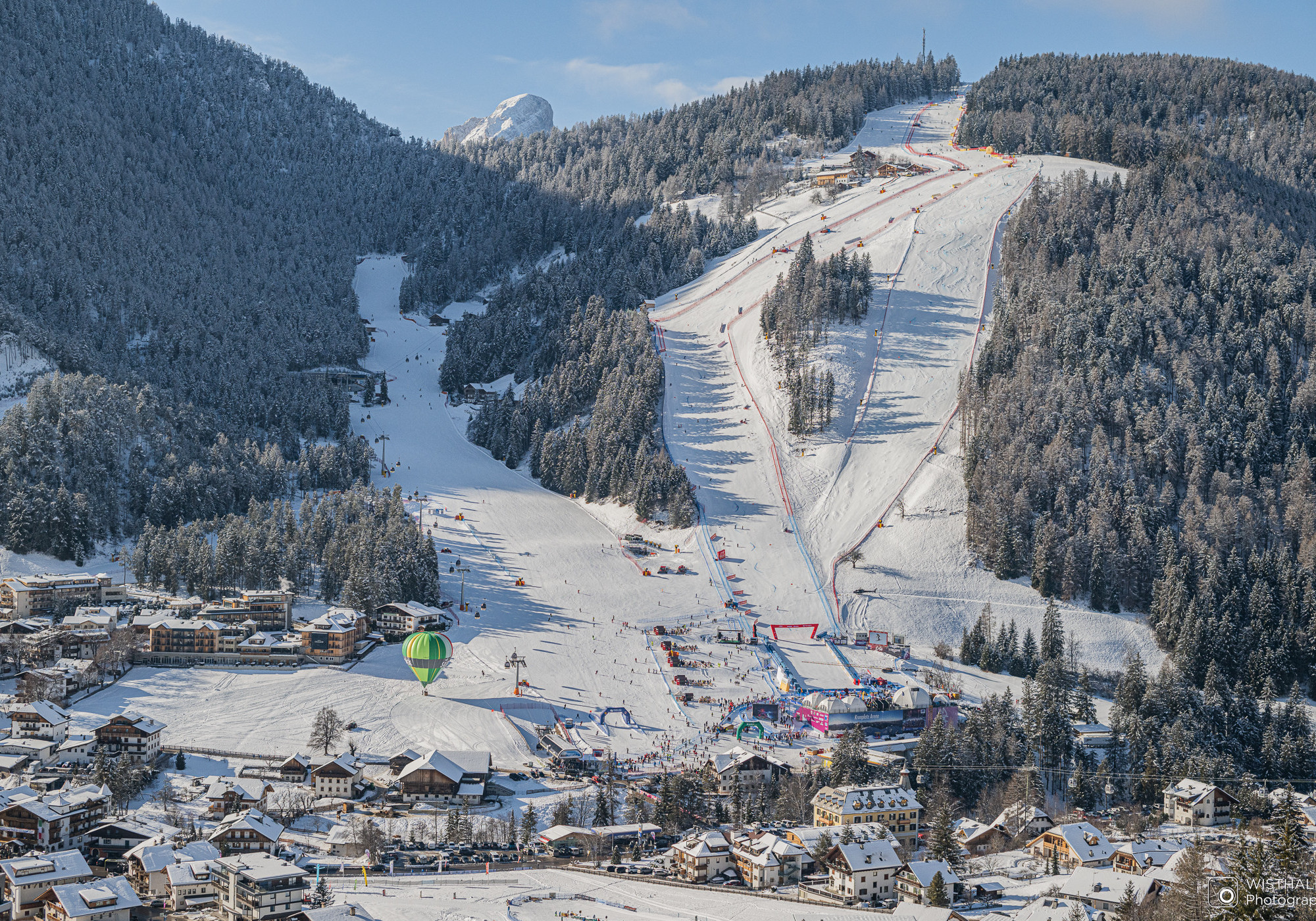 San Vigilio di Marebbe ski resort in South Tyrol, Italy - panoramic view of ski slopes and mountain facilities
