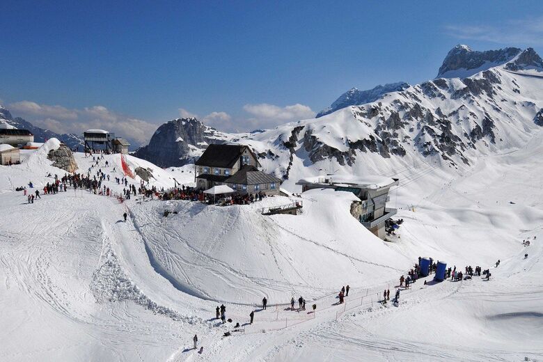 Sella Nevea ski resort in Friuli Venezia Giulia, Italy - panoramic view of ski slopes and mountain facilities