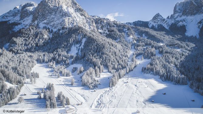 Sesto Sexten ski resort in South Tyrol, Italy - panoramic view of ski slopes and mountain facilities