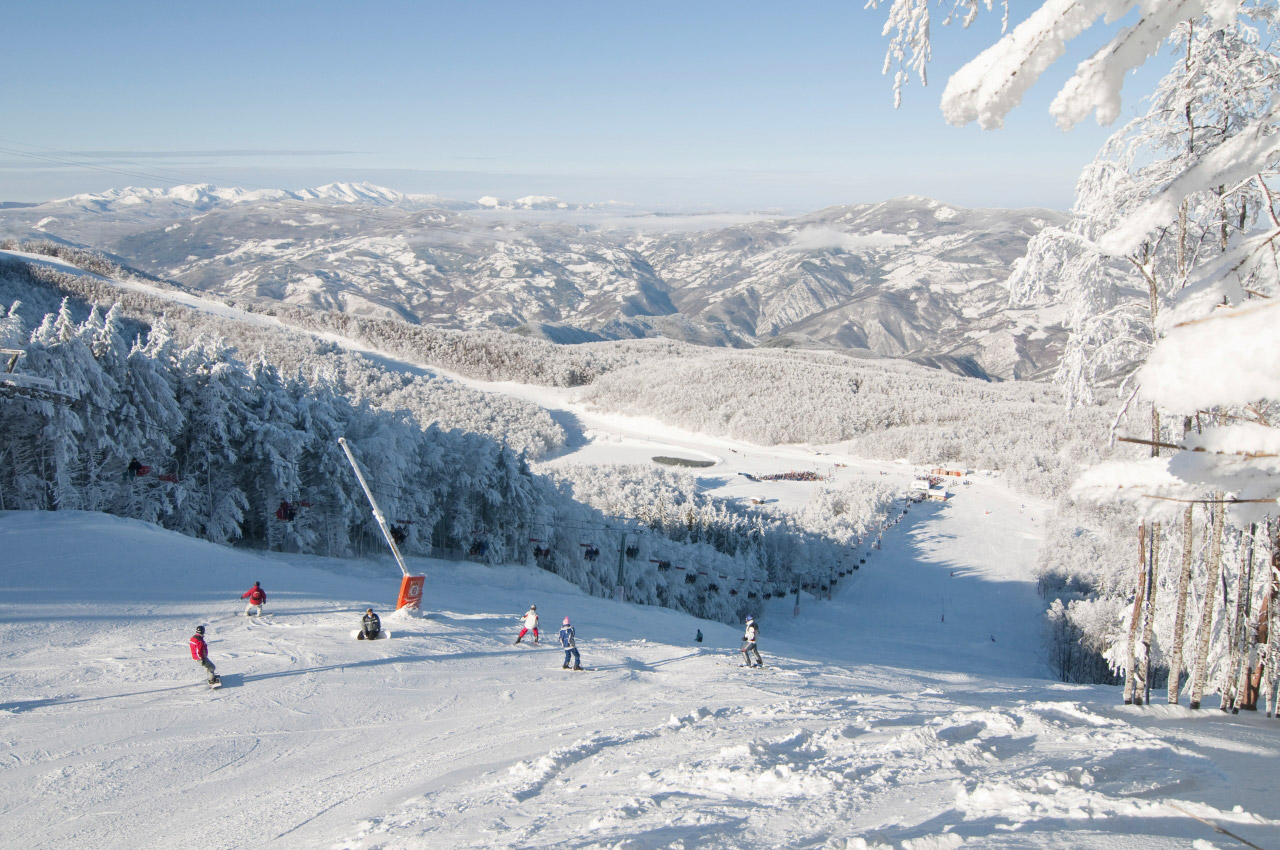 Sestola Cimone ski resort in Emilia-Romagna, Italy - panoramic view of ski slopes and mountain facilities