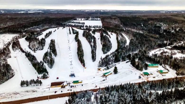 Brookvale Provincial Ski Park ski resort in Prince Edward Island, Canada - panoramic view of ski slopes and mountain facilities