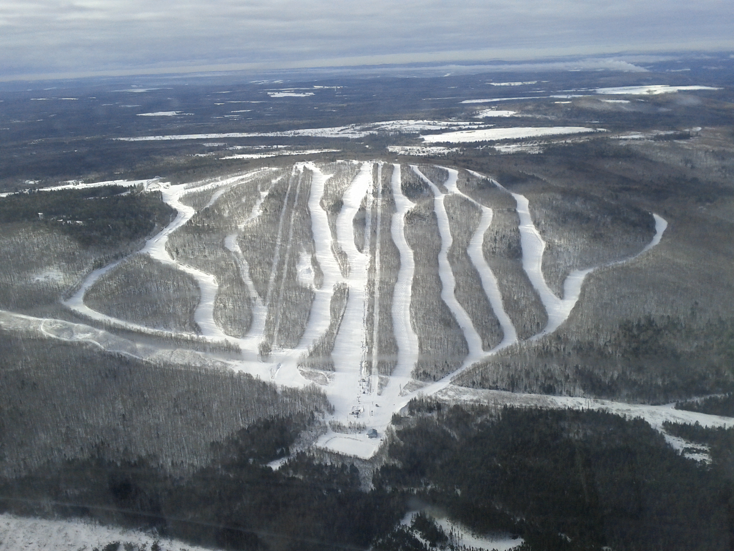 Crabbe Mountain ski resort in New Brunswick, Canada - panoramic view of ski slopes and mountain facilities