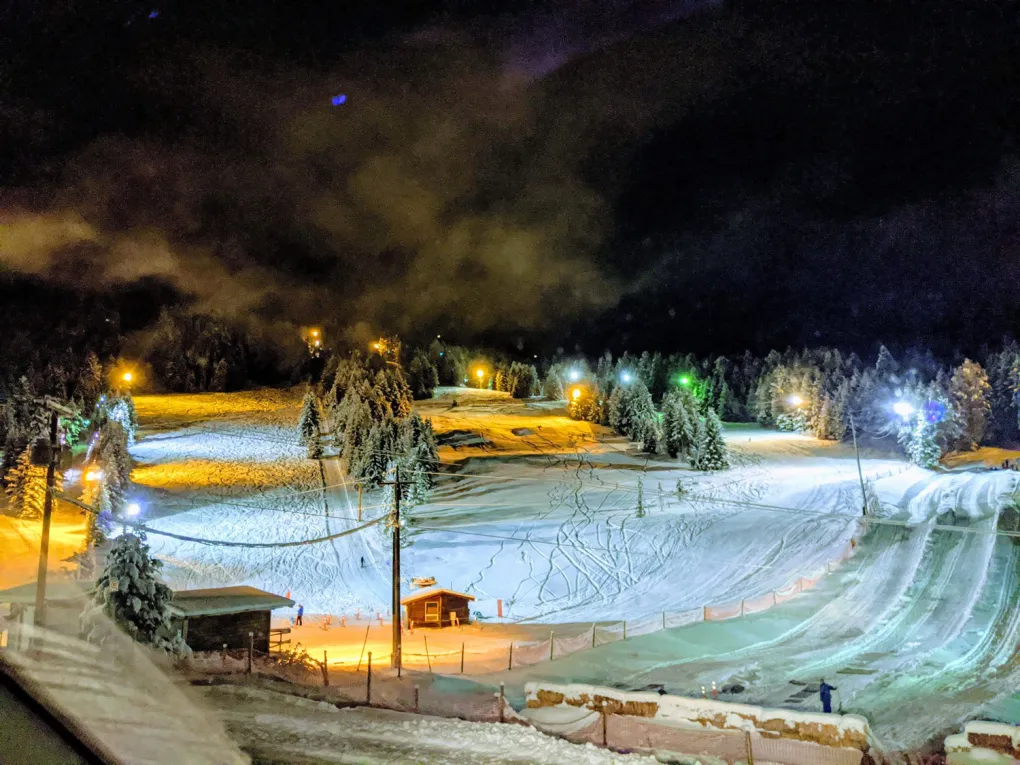 Harper Mountain ski resort in British Columbia, Canada - panoramic view of ski slopes and mountain facilities