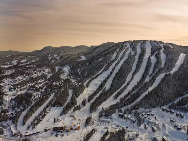 Le Valinouët ski resort in Quebec, Canada - panoramic view of ski slopes and mountain facilities