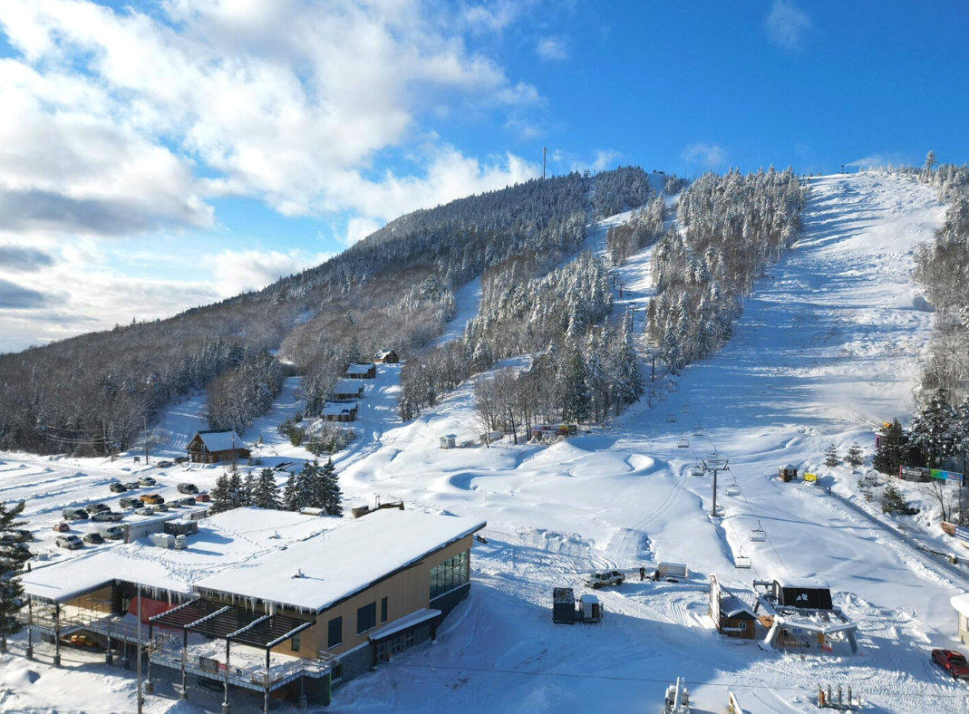 Mont Adstock ski resort in Quebec, Canada - panoramic view of ski slopes and mountain facilities