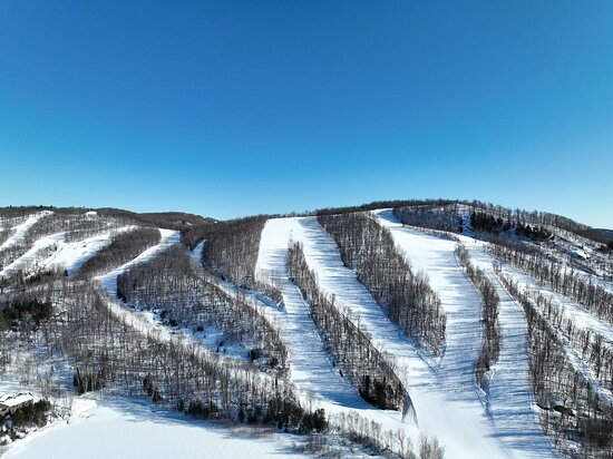 Mont Blanc ski resort in Quebec, Canada - panoramic view of ski slopes and mountain facilities
