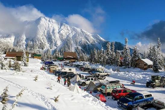 Mount Cain ski resort in British Columbia, Canada - panoramic view of ski slopes and mountain facilities