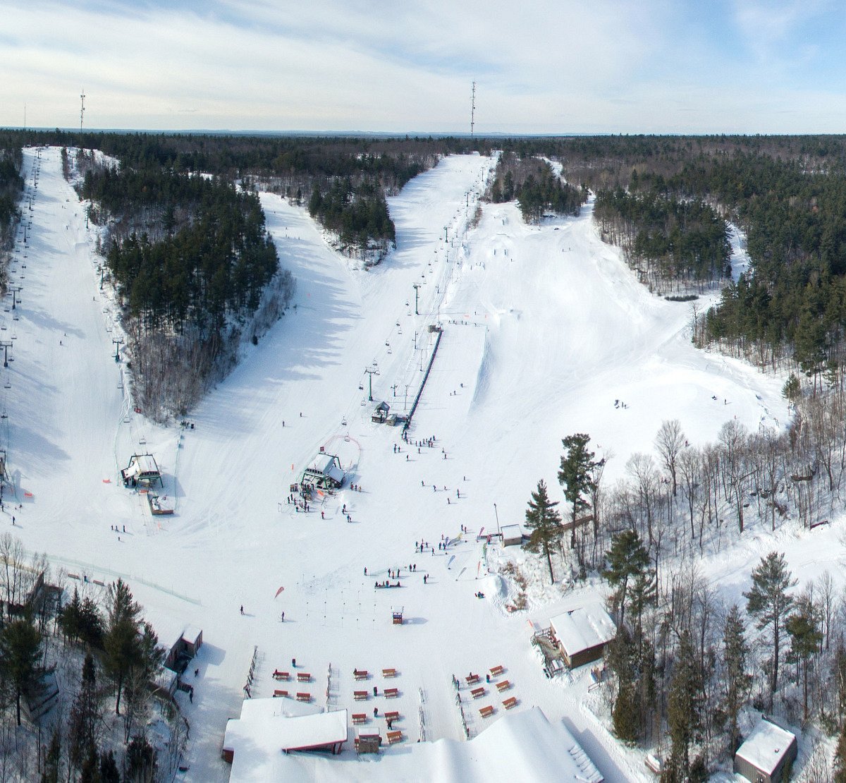 Mount Pakenham ski resort in Ontario, Canada - panoramic view of ski slopes and mountain facilities