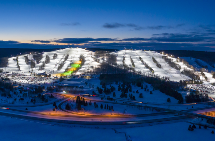 Mount St. Louis Moonstone ski resort in Ontario, Canada - panoramic view of ski slopes and mountain facilities