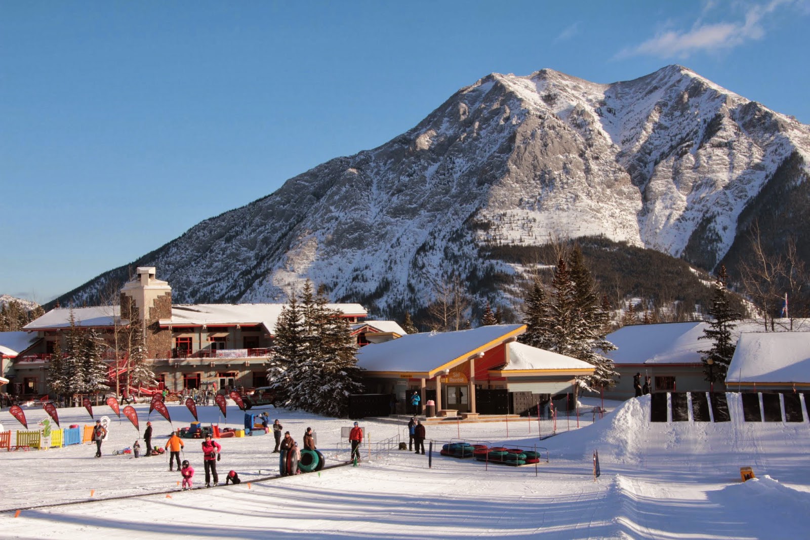 Nakiska Alpine ski resort in Alberta, Canada - panoramic view of ski slopes and mountain facilities