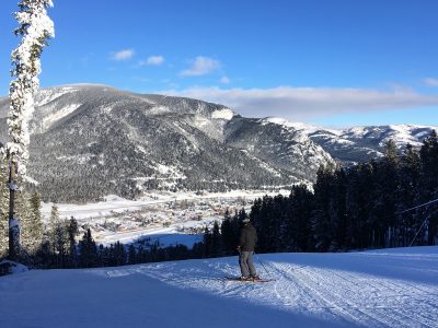 Pass Powderkeg ski resort in Alberta, Canada - panoramic view of ski slopes and mountain facilities