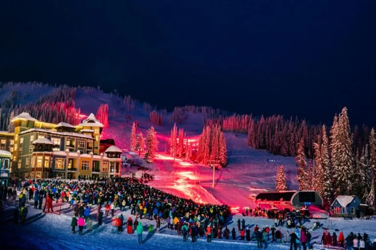 Sasquatch Mountain Resort ski resort in British Columbia, Canada - panoramic view of ski slopes and mountain facilities