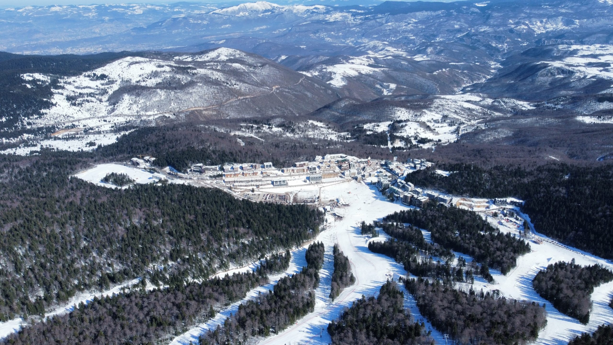 Bjelolasica ski resort in Jasenak, Ogulin, Croatia - panoramic view of ski slopes and mountain facilities