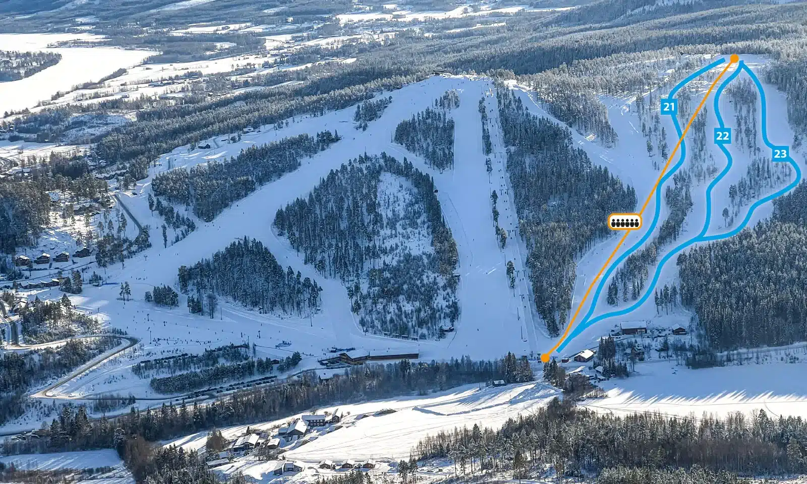 Järvsöbacken ski resort in Hälsingland, Sweden - panoramic view of ski slopes and mountain facilities