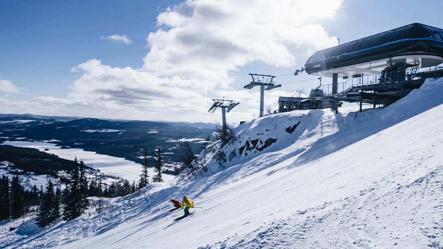 Bruksvallarna ski resort in Härjedalen, Sweden - panoramic view of ski slopes and mountain facilities