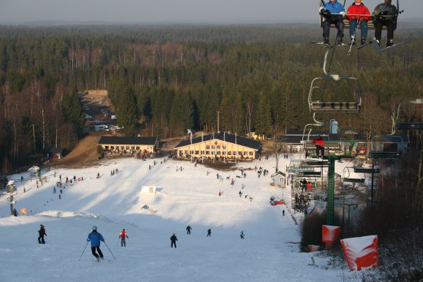 Vallåsen ski resort in Skåne/Halland, Sweden - panoramic view of ski slopes and mountain facilities