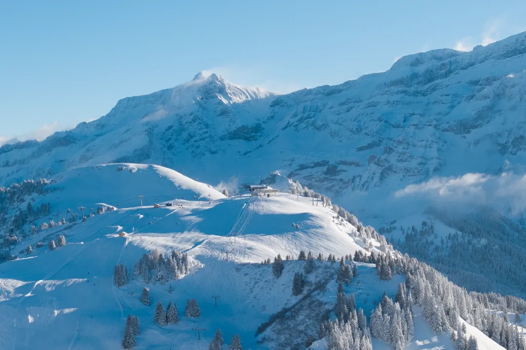 Villars-Gryon-Diablerets ski resort in Vaud Alps, Switzerland - panoramic view of ski slopes and mountain facilities