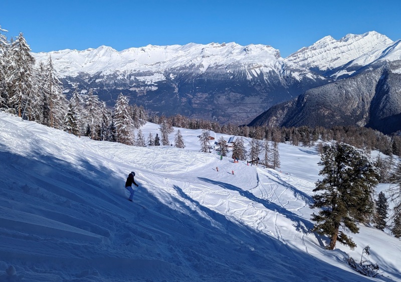 Vercorin ski resort in Valais, Switzerland - panoramic view of ski slopes and mountain facilities