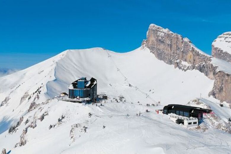 Vallée de Joux ski resort in Jura, Vaud, Switzerland - panoramic view of ski slopes and mountain facilities