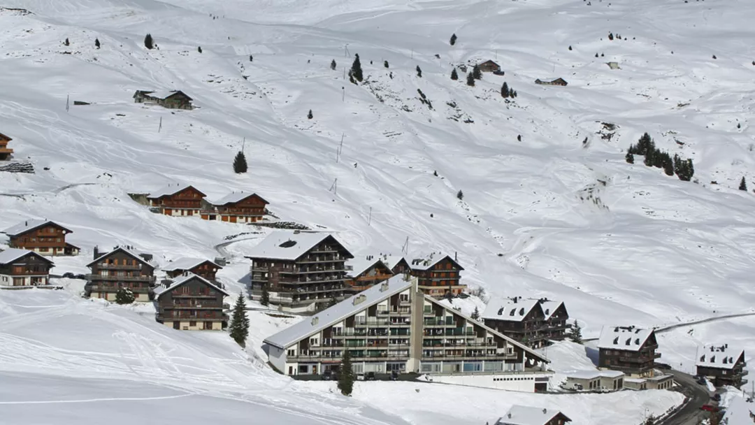 Torgon ski resort in Valais, Switzerland - panoramic view of ski slopes and mountain facilities