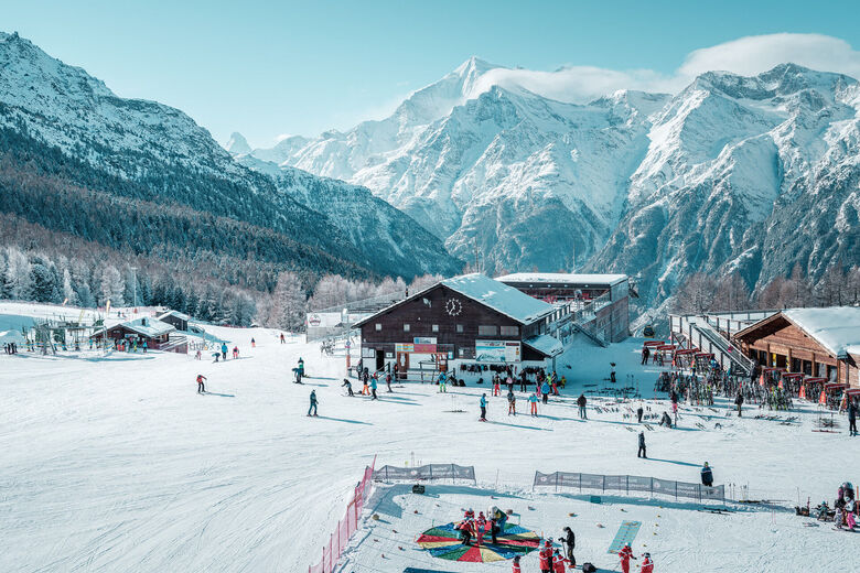 Thyon 4 Vallées ski resort in Valais, Switzerland - panoramic view of ski slopes and mountain facilities
