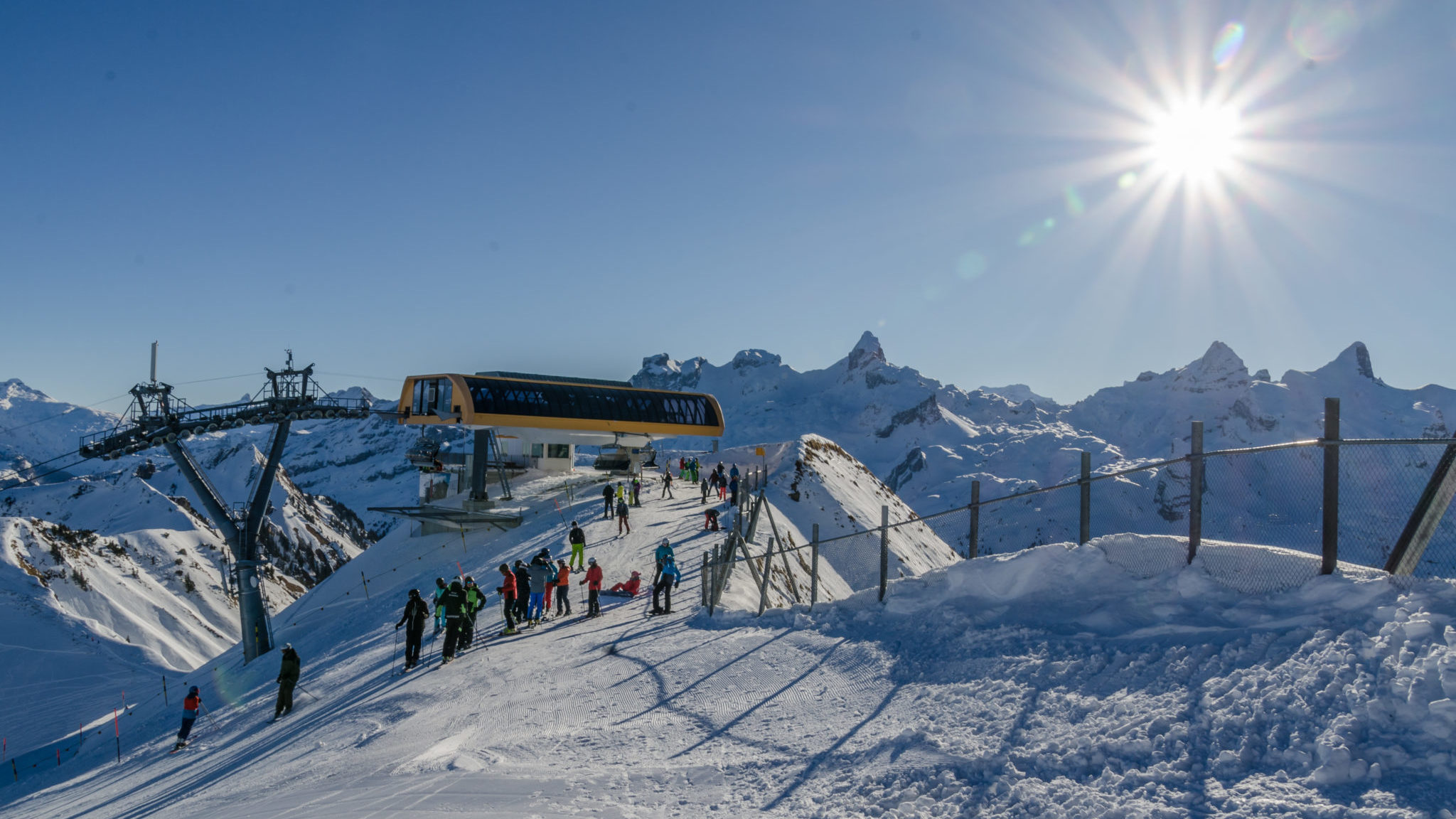 Stoos ski resort in Schwyz, Switzerland - panoramic view of ski slopes and mountain facilities