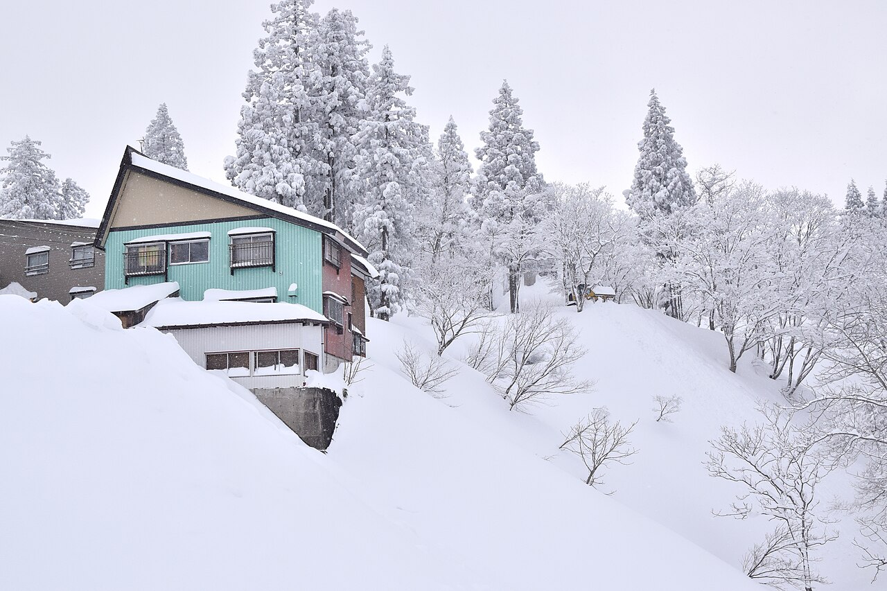 Akakura Onsen ski resort in Niigata, Japan - panoramic view of ski slopes and mountain facilities